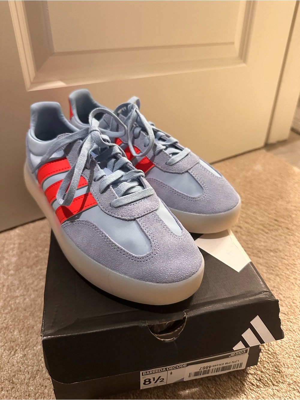 Adidas Light Blue Suede & Nylon Sneakers with Red Stripes 8.5